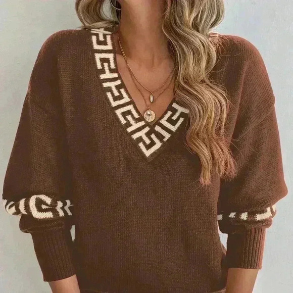 Multicolor Casual Women's V-Neck Drop Shoulder Loose Pullover Sweater - Picture 6 of 6